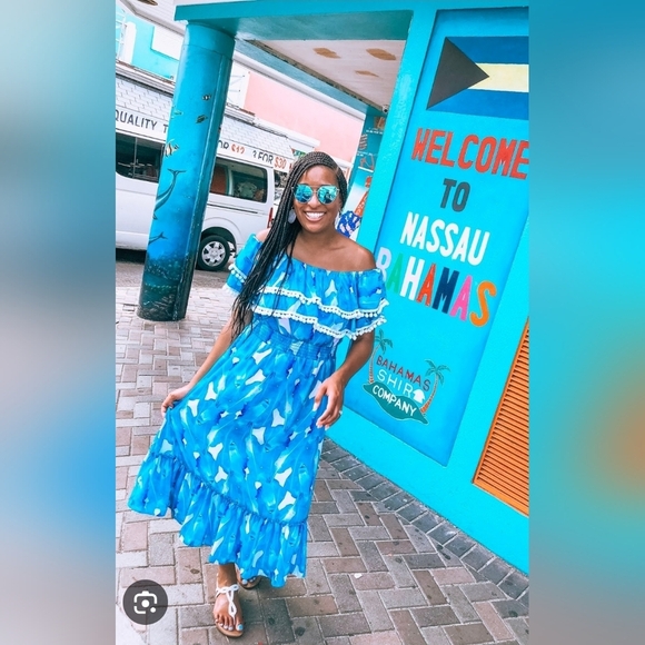 Red Dress Boutique Palms Away Blue Patterned Off-Shoulder Ruffle Midi Dress - Picture 12 of 14